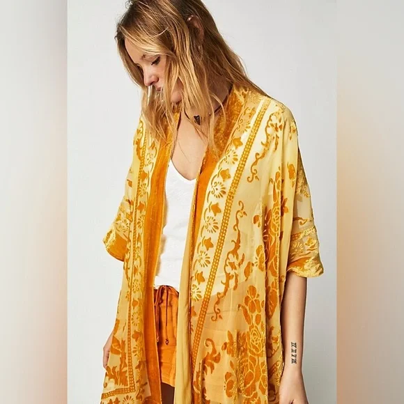 Free People Yellow Floral Kimono nightbird burnout gold velvet tassel - Picture 3 of 12
